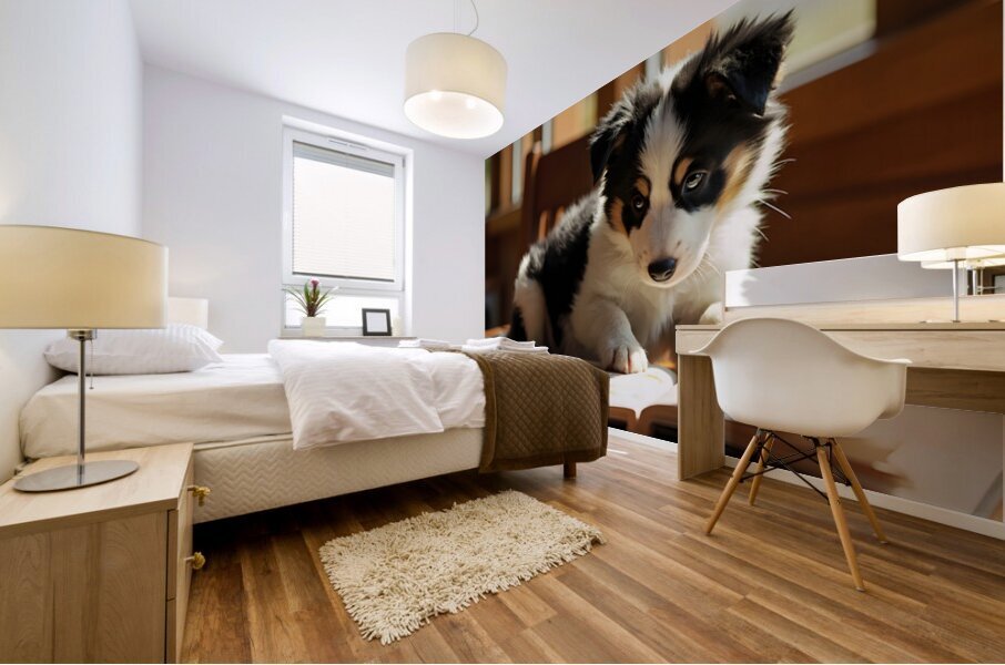 Playful Border Collie Puppy Interacts With Book Pages Mural print
