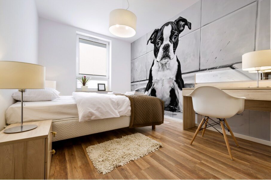 Happy Boston Terrier Puppy Enjoys Sudsy Bath Time Mural print