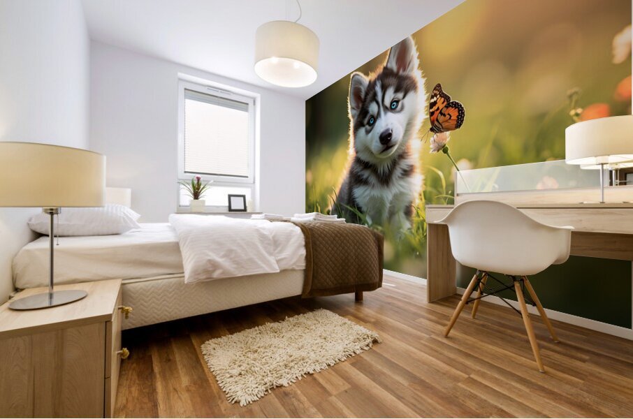 Butterfly Lands Gently On Husky Puppys Nose Mural print
