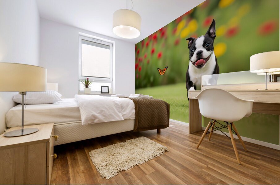 Boston Terrier Puppy And Butterfly Rest Together In Garden Mural print
