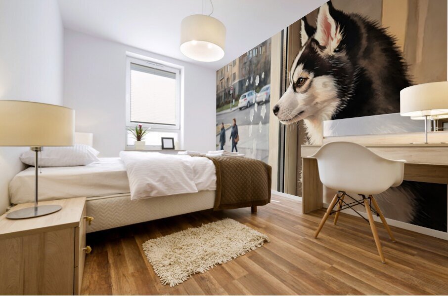 Husky Puppy Discovers City Life From Window Perch Mural print