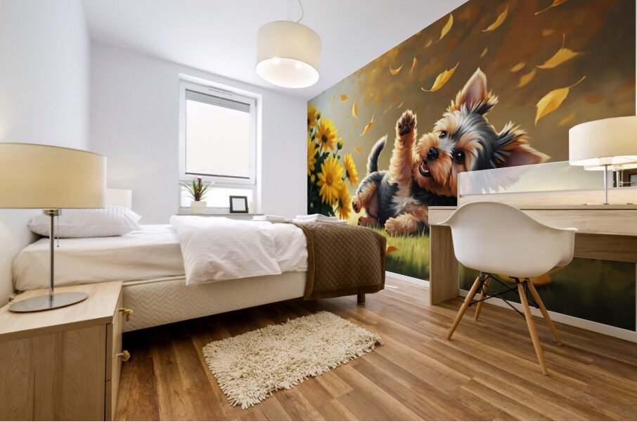 Yorkshire Terrier Puppy Successfully Catches Brown Oak Leaf Mural print