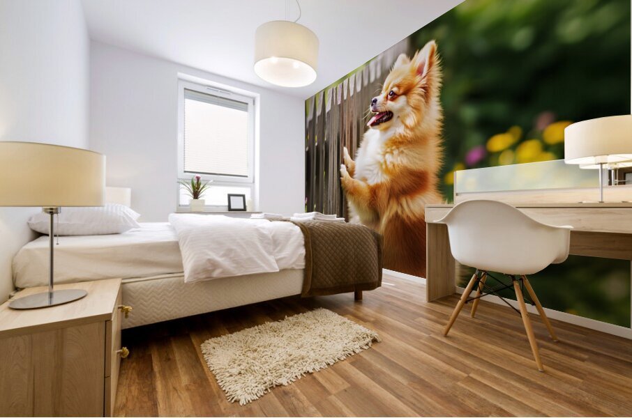 Curious Pomeranian Puppy Spots Something In The Sky Mural print