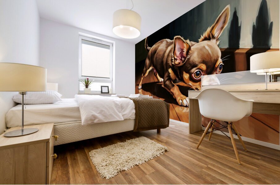 Chihuahua Puppy Discovers Dancing Wall Shadows Mural print