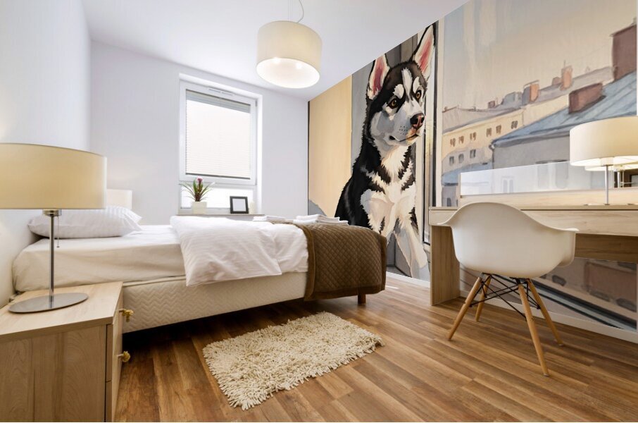 Sleepy Husky Puppy Naps On Cozy Windowsill Mural print