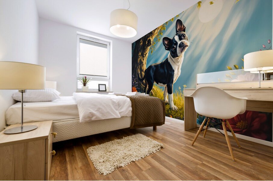 Sleepy Boston Terrier Puppy Rests After Shadow Adventure Mural print