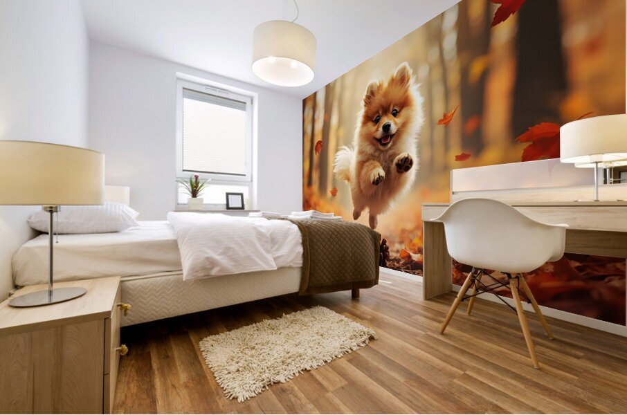 Pomeranian Puppy Carries Pinecone Through Forest Mural print