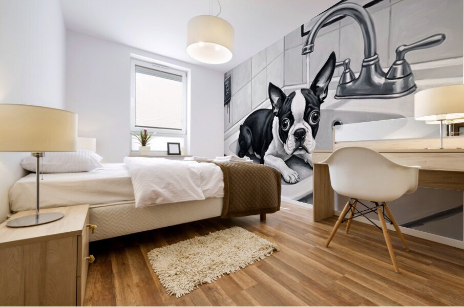 Boston Terrier Puppy Waits Nervously In Bathroom Sink Mural print