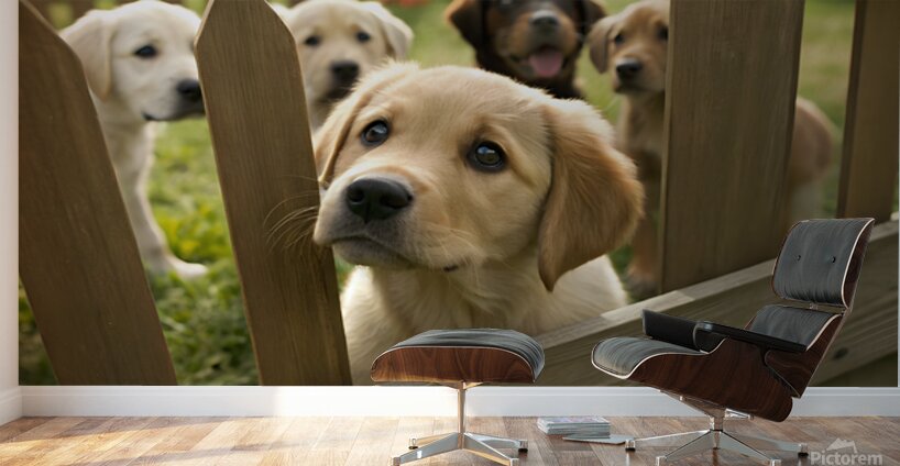 Curious Labrador Retriever Puppy Gazing Through Fence With Friends Wall Murals