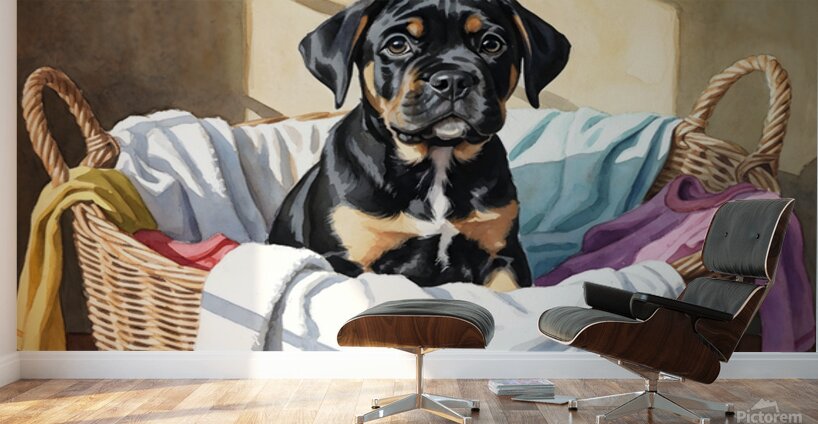Puppy Cane Corso Discovers Cozy Laundry Basket Wall Murals