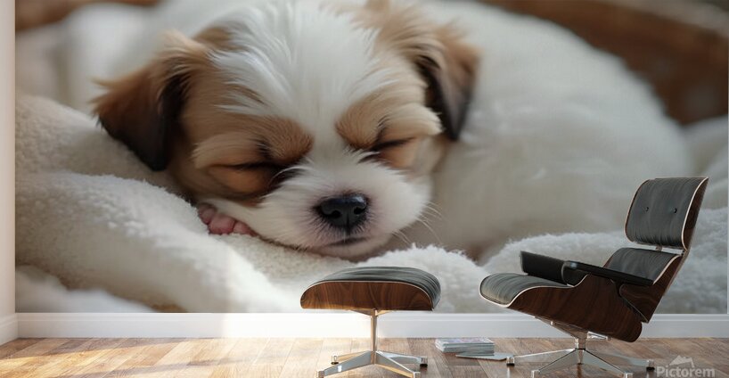 Peaceful Shih Tzu Puppy Sleeps In Cream Towels Wall Murals