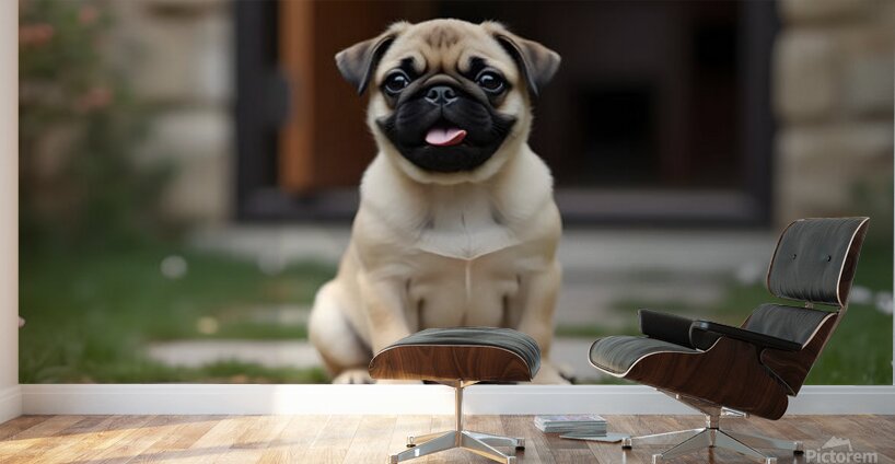 Tan and black Pug puppy with a wrinkled face sits proudly on a stone patio Wall Murals