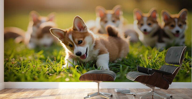 Pembroke Welsh Corgi Puppy Ready To Play With Siblings Wall Murals