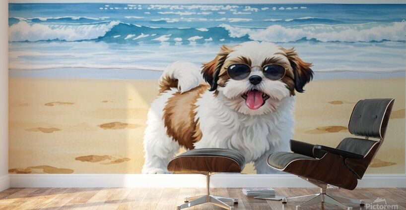 Shih Tzu Puppys First Beach Adventure With Cool Sunglasses Wall Murals