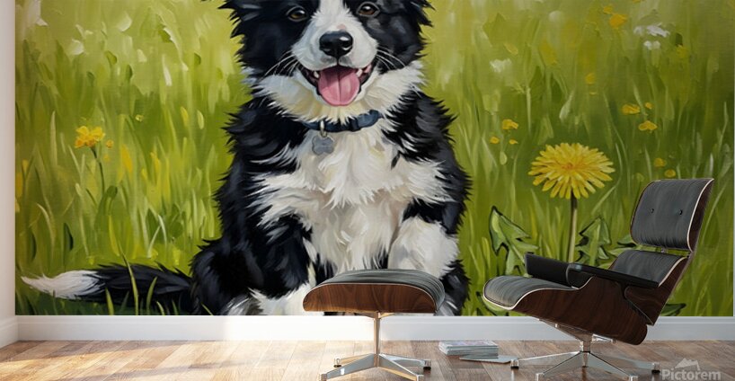Happy Border Collie Puppy After Dandelion Discovery Wall Murals