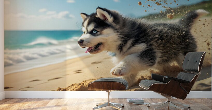 Siberian Husky Puppy Discovers Sandy Beach Fun Wall Murals