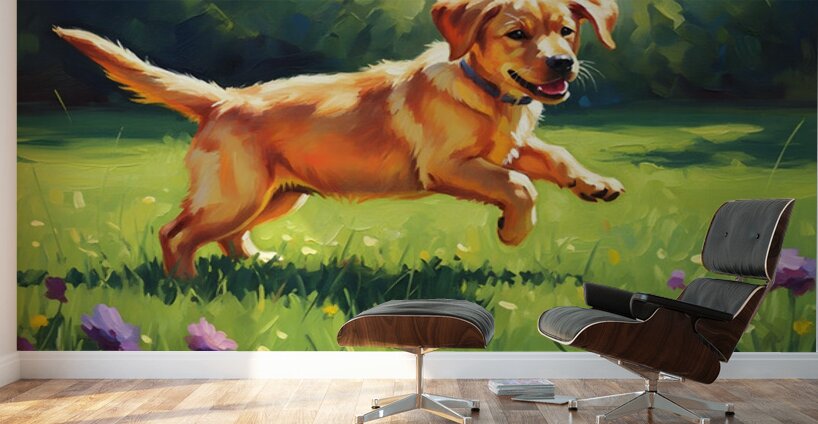 Happy Labrador Puppy Playing In Sunny Garden Wall Murals