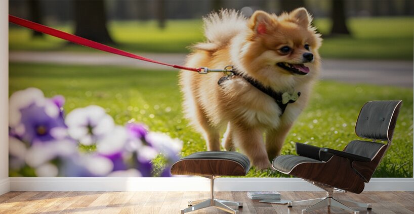 Pomeranian Puppy Masters Leash Walking Happily Wall Murals
