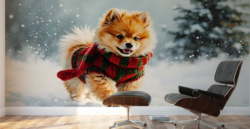 Pomeranian Puppy In Holiday Sweater Playing In Snow Wall Murals