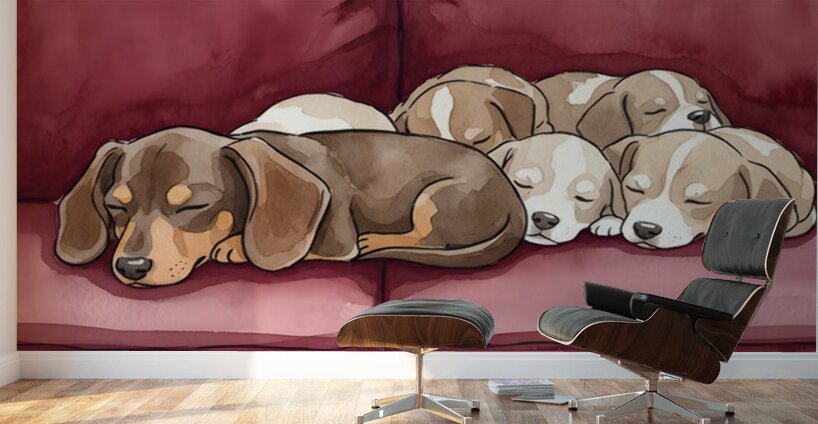Dachshund Puppy Naps With New Friends Wall Murals