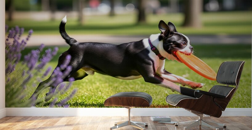 Proud Boston Terrier Puppy Lands With Caught Frisbee Wall Murals