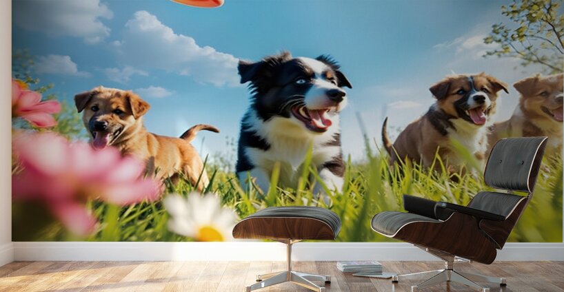 A black and white Border Collie puppy playing frisbee with his f Wall Murals
