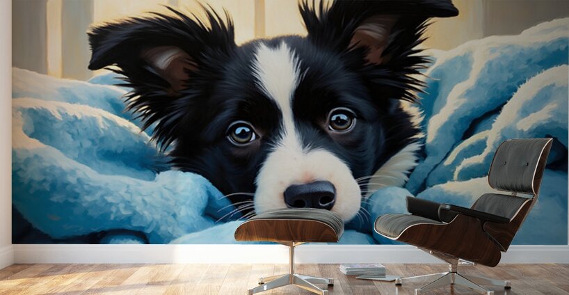 Border Collie Puppy Discovers Cozy Blanket Fort Wall Murals