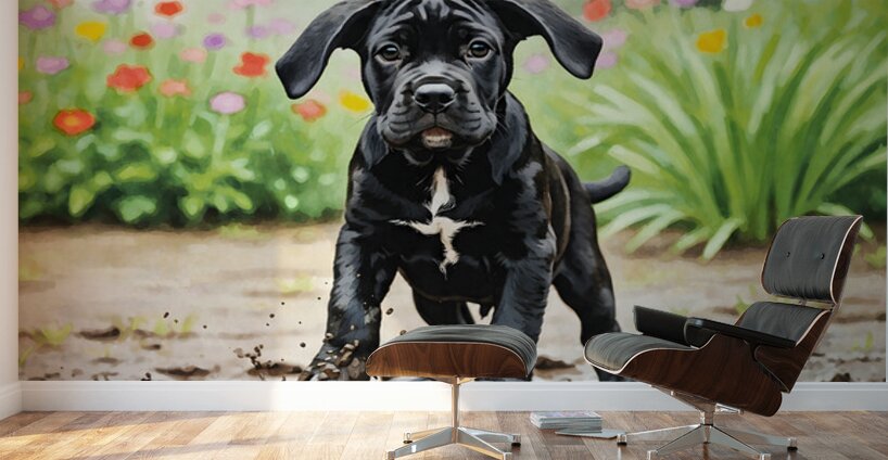 Cane Corso Puppy Playing In Muddy Garden Wall Murals