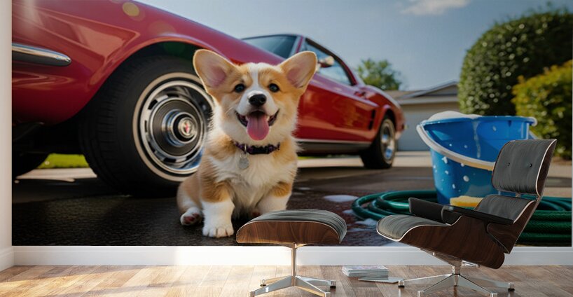 Corgi Puppy Ready For Car Wash Adventure Wall Murals