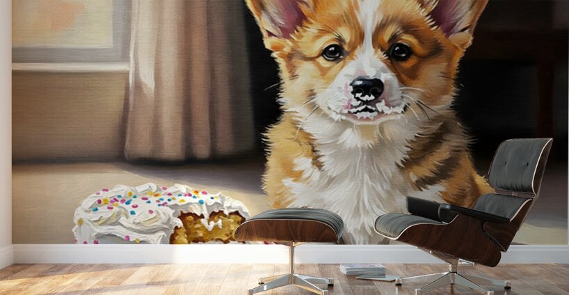 Happy Messy Corgi After Birthday Cake Wall Murals