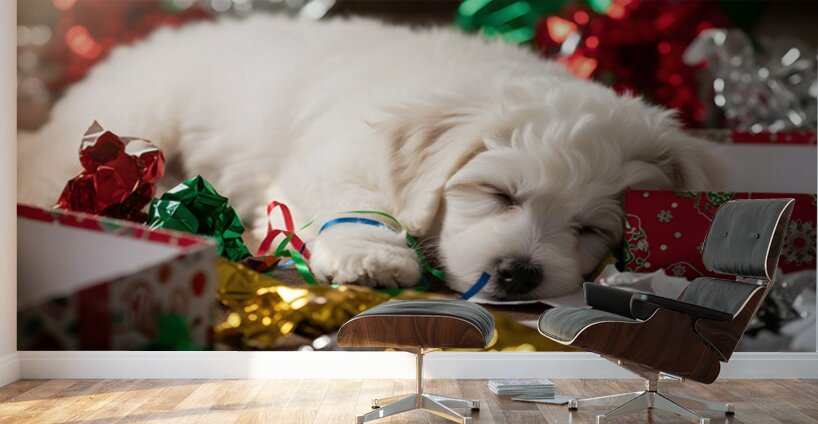 Sleepy Bichon Frise Puppy Naps Among Holiday Wrapping Wall Murals