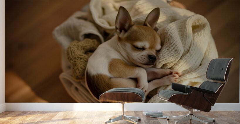 Chihuahua Puppy Naps On Laundry Pile Wall Murals