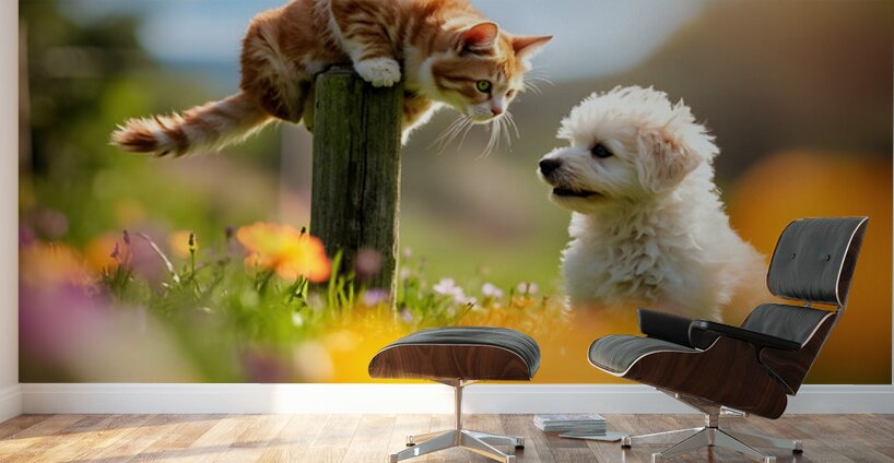 Bichon Frise Puppy Meets Garden Cat Wall Murals