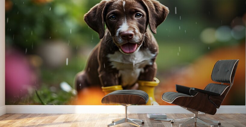 Happy German Shorthaired Pointer Puppy Rests In Rain Wall Murals