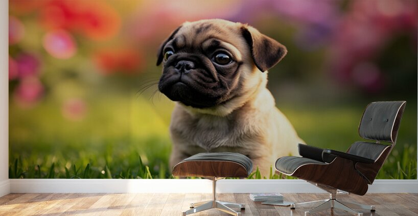 Pug Puppy Discovers Fun Game In Garden Wall Murals