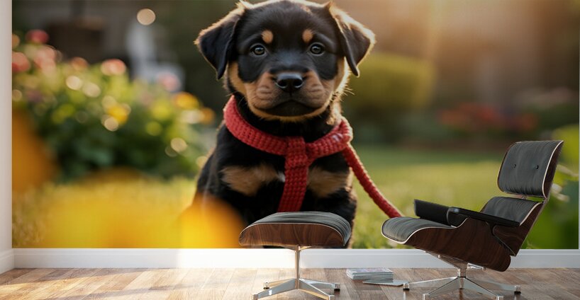 Rottweiler Puppy Gets Tangled In Red Leash Wall Murals