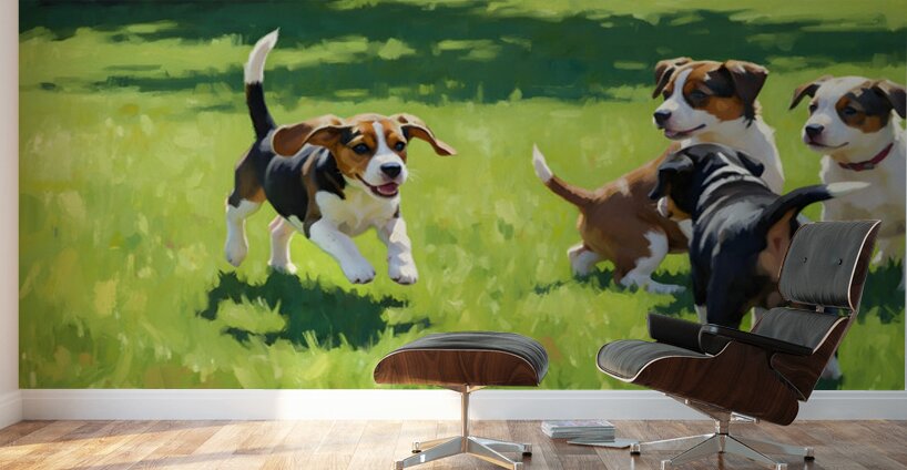 Beagle Puppy Runs To Join Sibling Playtime Fun Wall Murals