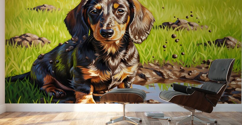 Muddy Dachshund Puppy Sits Contentedly Wall Murals