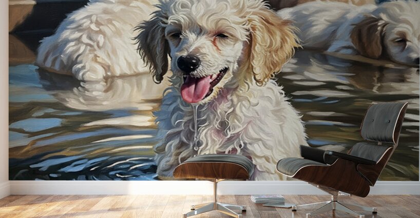 Poodle Puppy Cooling Off In A Pond Wall Murals
