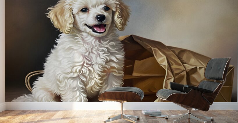 Triumphant Poodle Puppy Completes Paper Bag Adventure Wall Murals