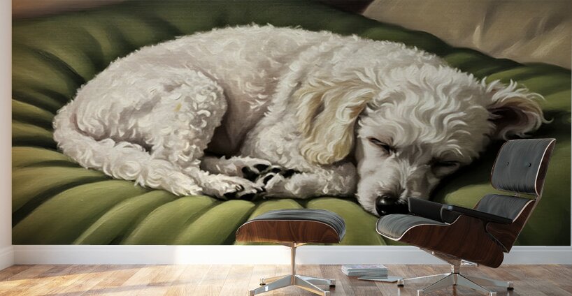 Poodle Puppy Dreams On Green Padded Bed Wall Murals