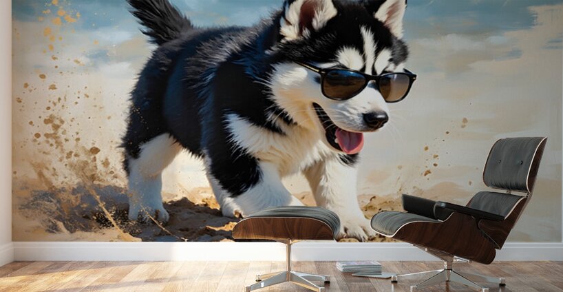 Husky Puppy Digging Excitedly In Beach Sand Wall Murals