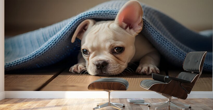 French Bulldog Puppy Discovers Cozy Blanket Adventure Wall Murals