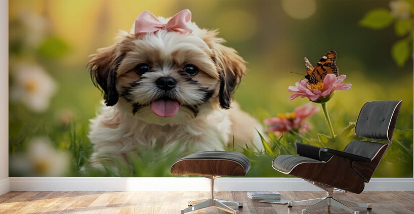 Content Shih Tzu Puppy Watches Butterfly Fly Away Wall Murals
