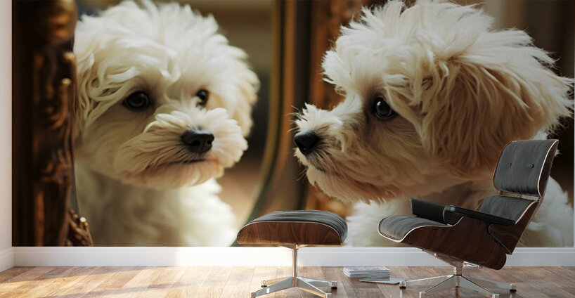 Happy Bichon Frise Puppy Wags At His Reflection Wall Murals