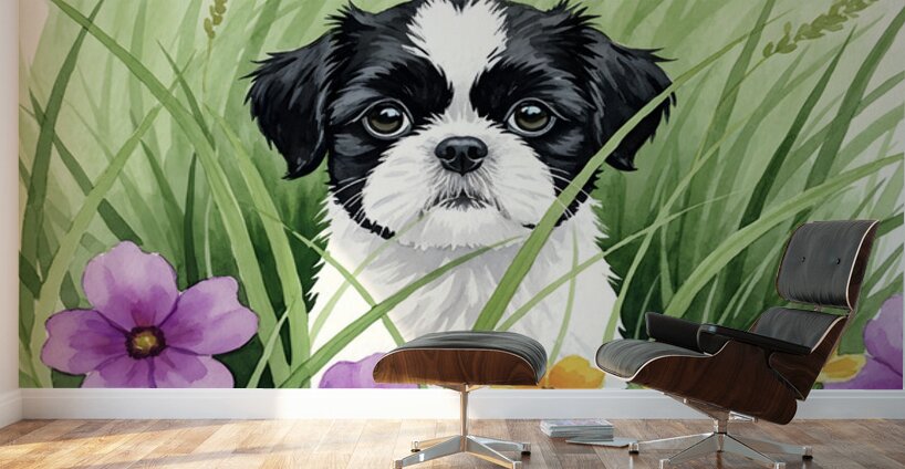 Shih Tzu Puppy Hiding In Tall Grass Wall Murals