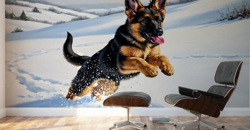 Happy German Shepherd Puppy Rests In Snow Wall Murals