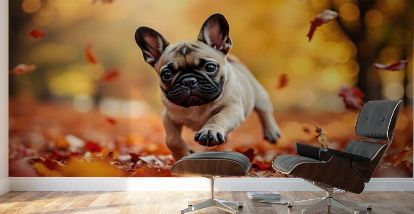 Pug Puppy Discovers Mountain Of Autumn Leaves Wall Murals