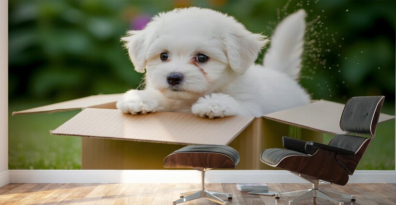 Happy Bichon Frise Puppy With Discovered Toy Treasures Wall Murals