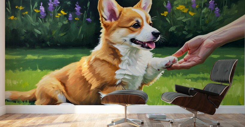 Pembroke Welsh Corgi Puppy Discovers New Hand Game Wall Murals